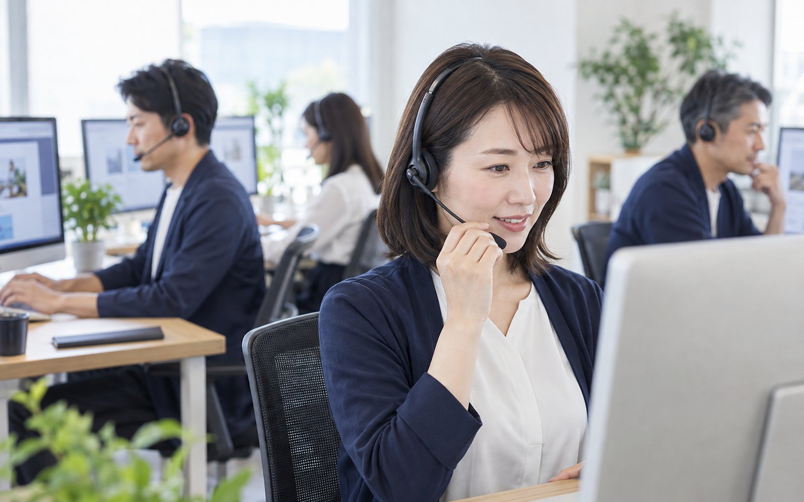 ヘッドセットを着けて電話に対応するスタッフ